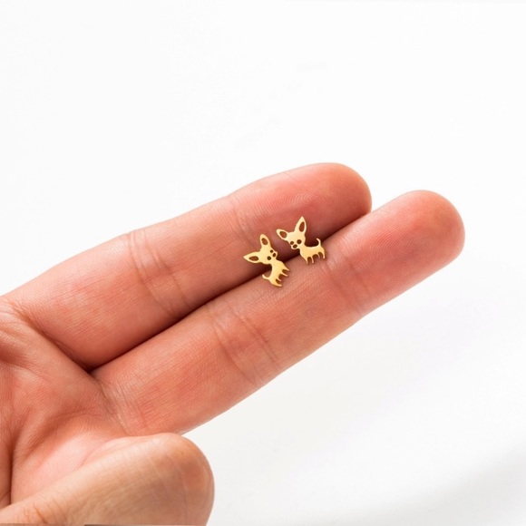 GOLD Chihuahua Minimalist Stainless Steel Stud Earrings With Gift Bag - Picture 3 of 8